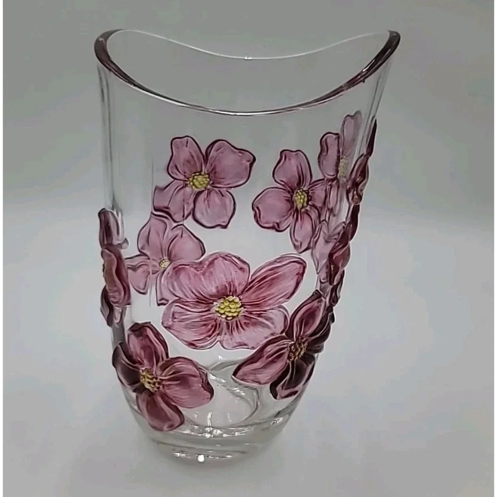 VTG Indiana Lancaster Colony Pink Cranberry Flashed Dogwood‎ Vase Flowers Floral